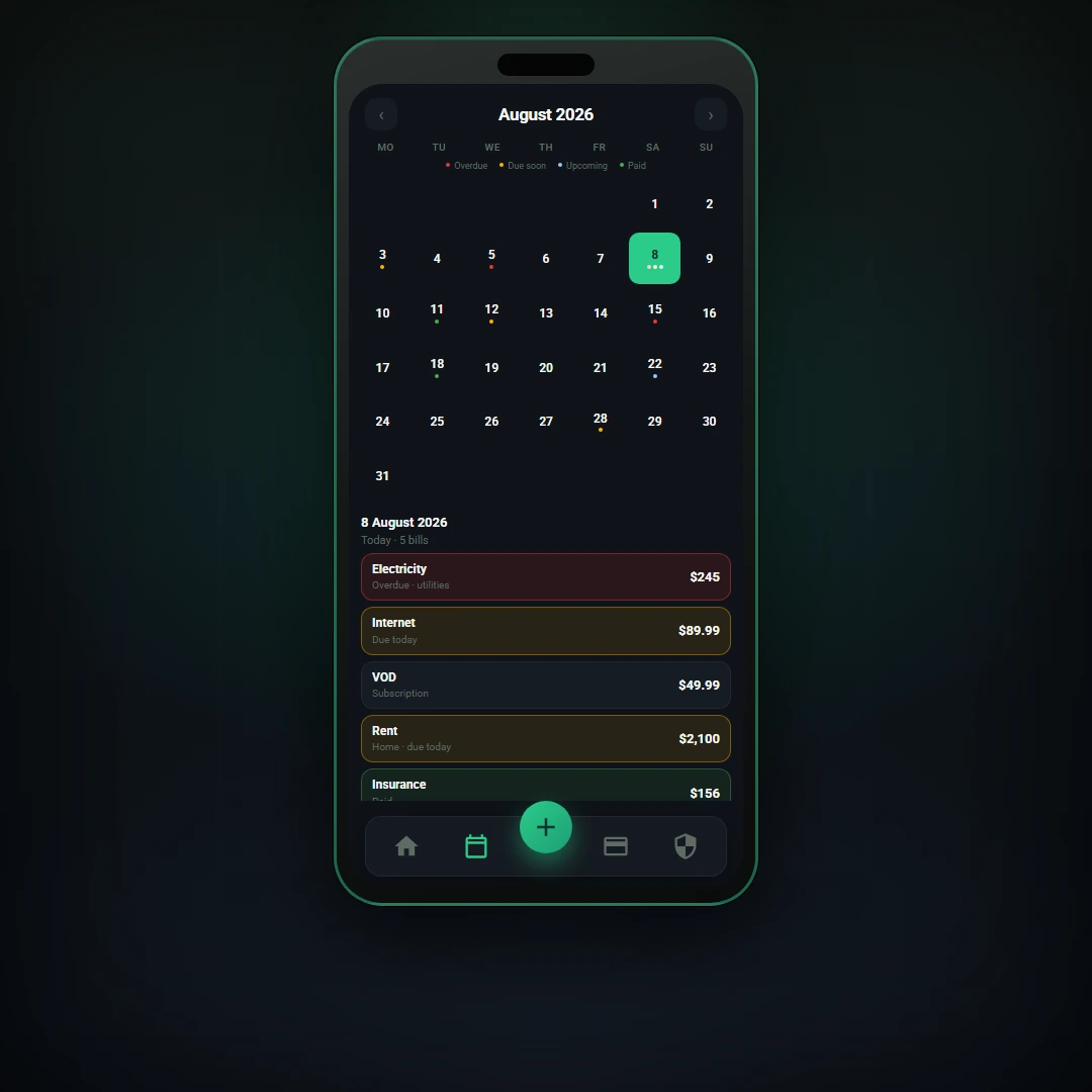 Smart Bill Reminder calendar view: August grid with a selected day and that day’s bill list